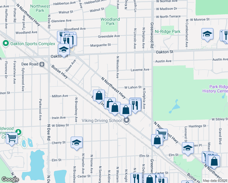 map of restaurants, bars, coffee shops, grocery stores, and more near 766 North Northwest Highway in Park Ridge