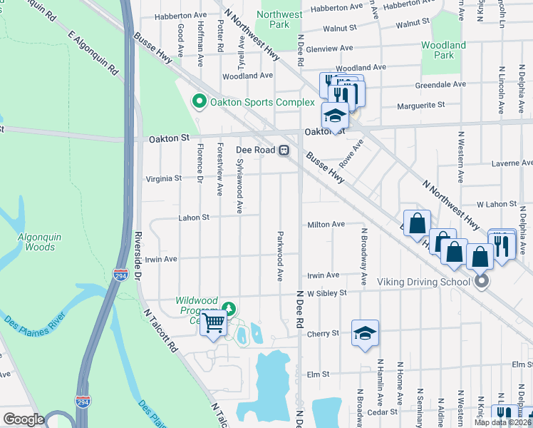 map of restaurants, bars, coffee shops, grocery stores, and more near 740 Park Plaine Avenue in Park Ridge