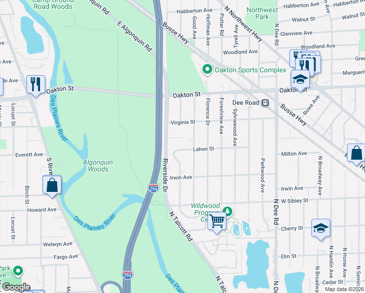 map of restaurants, bars, coffee shops, grocery stores, and more near 747 Wesley Drive in Park Ridge