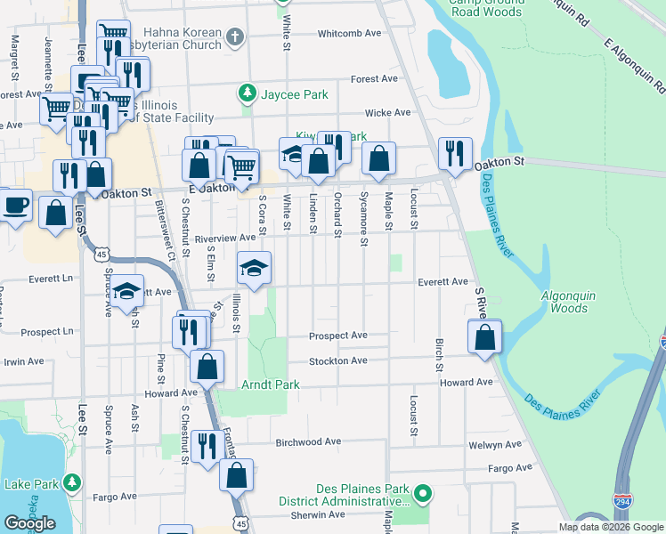map of restaurants, bars, coffee shops, grocery stores, and more near 1782 Orchard Street in Des Plaines
