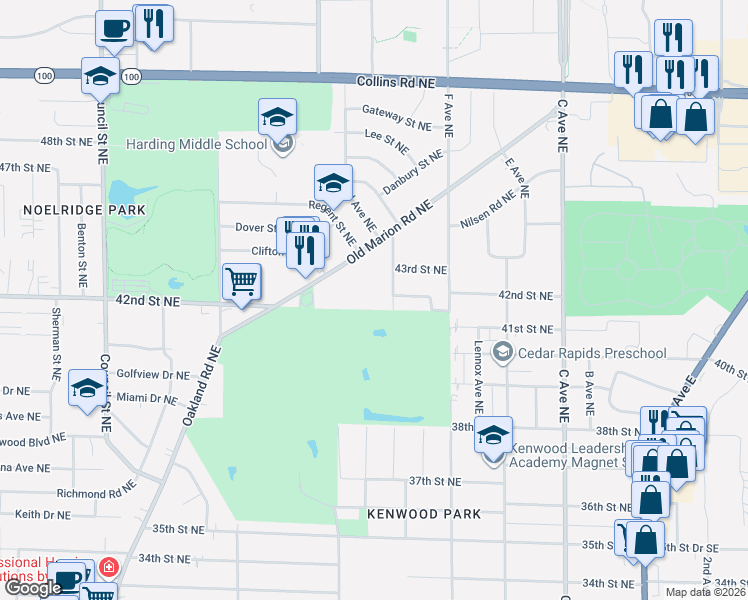 map of restaurants, bars, coffee shops, grocery stores, and more near 931 Old Marion Road Northeast in Cedar Rapids