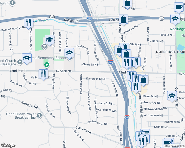 map of restaurants, bars, coffee shops, grocery stores, and more near 2158 Evergreen Street Northeast in Cedar Rapids