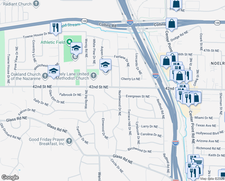 map of restaurants, bars, coffee shops, grocery stores, and more near 2308 Meadow Lane Northeast in Cedar Rapids