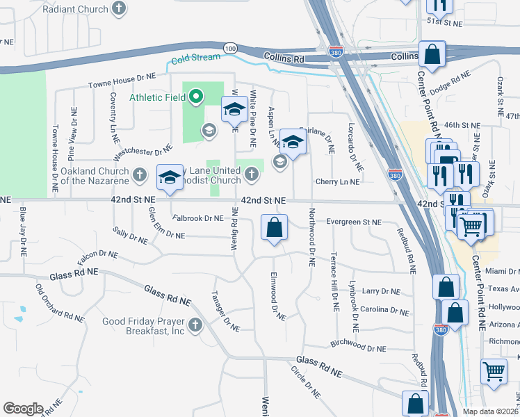 map of restaurants, bars, coffee shops, grocery stores, and more near 2420 Falbrook Drive Northeast in Cedar Rapids