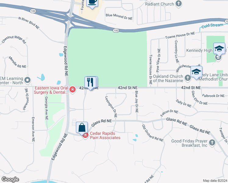map of restaurants, bars, coffee shops, grocery stores, and more near 4111 Summerfield Lane Northeast in Cedar Rapids