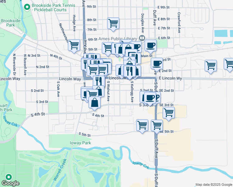 map of restaurants, bars, coffee shops, grocery stores, and more near 225 Washington Avenue in Ames