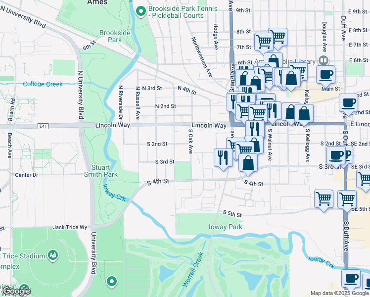 map of restaurants, bars, coffee shops, grocery stores, and more near 221 South Oak Avenue in Ames