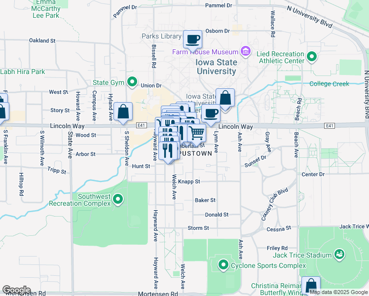 map of restaurants, bars, coffee shops, grocery stores, and more near 126 Welch Avenue in Ames