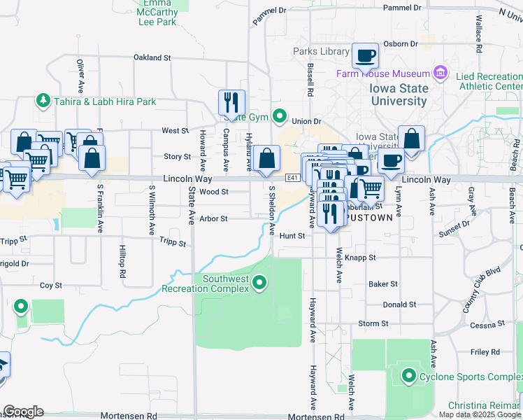 map of restaurants, bars, coffee shops, grocery stores, and more near 212 South Hyland Avenue in Ames