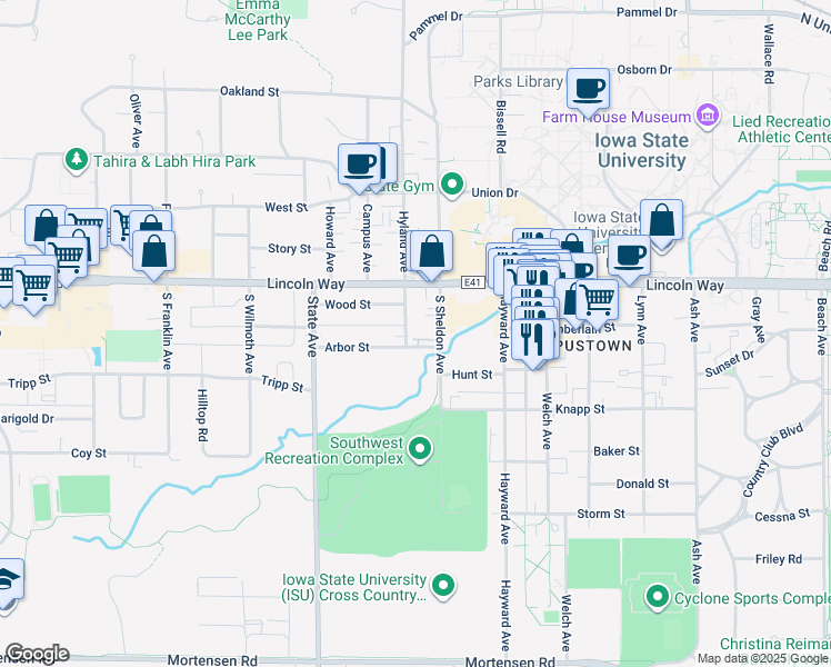 map of restaurants, bars, coffee shops, grocery stores, and more near 212 South Hyland Avenue in Ames