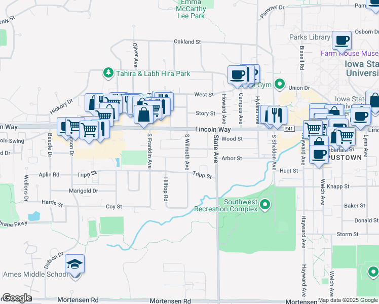 map of restaurants, bars, coffee shops, grocery stores, and more near 3232 Lettie Street in Ames