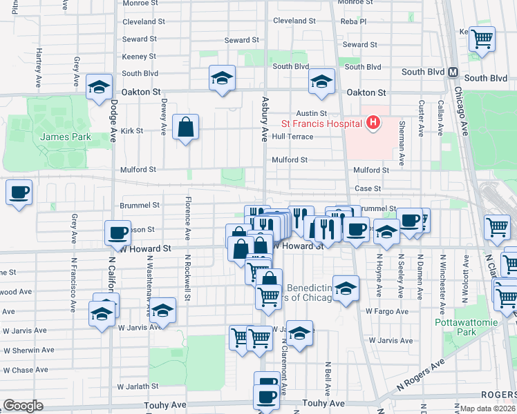map of restaurants, bars, coffee shops, grocery stores, and more near 139 Asbury Avenue in Evanston
