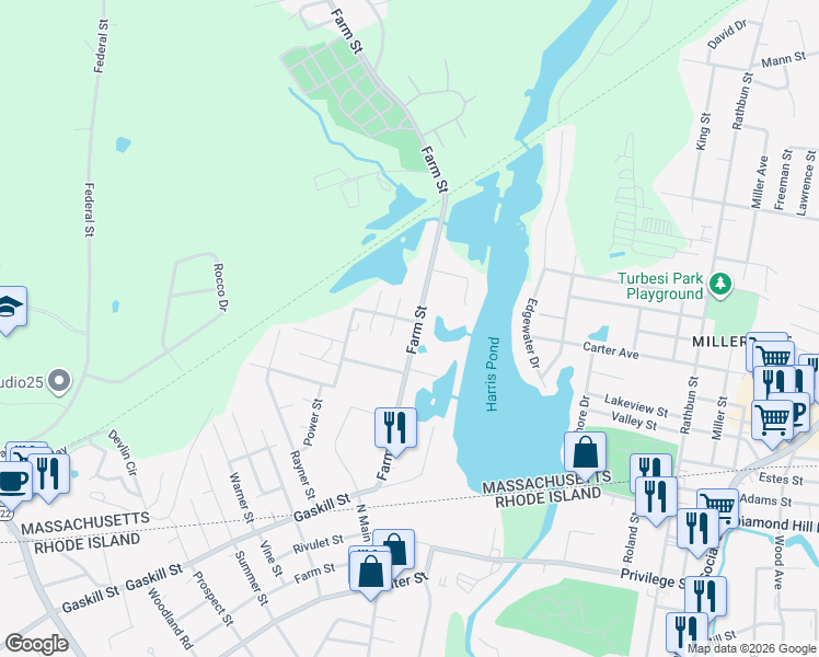 map of restaurants, bars, coffee shops, grocery stores, and more near 30 Farm Street in Blackstone