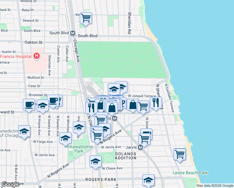 map of restaurants, bars, coffee shops, grocery stores, and more near 1997 West Jonquil Terrace in Chicago