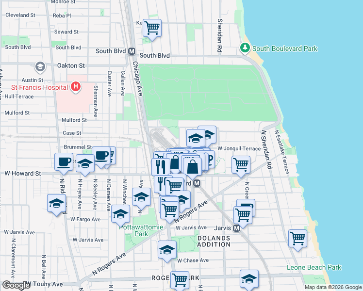 map of restaurants, bars, coffee shops, grocery stores, and more near 1705 West Jonquil Terrace in Chicago