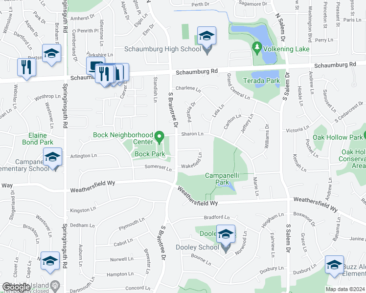 map of restaurants, bars, coffee shops, grocery stores, and more near 207 Wakefield Lane in Schaumburg