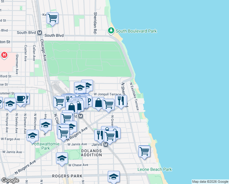 map of restaurants, bars, coffee shops, grocery stores, and more near 1421 West Jonquil Terrace in Chicago