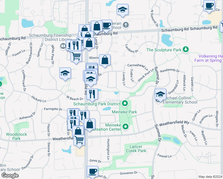 map of restaurants, bars, coffee shops, grocery stores, and more near 151 Lewis Court in Schaumburg