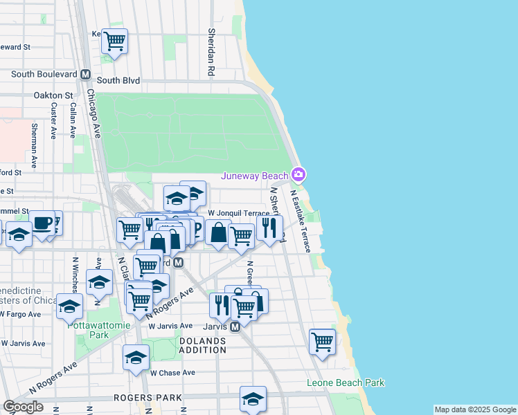 map of restaurants, bars, coffee shops, grocery stores, and more near 1421 West Jonquil Terrace in Chicago