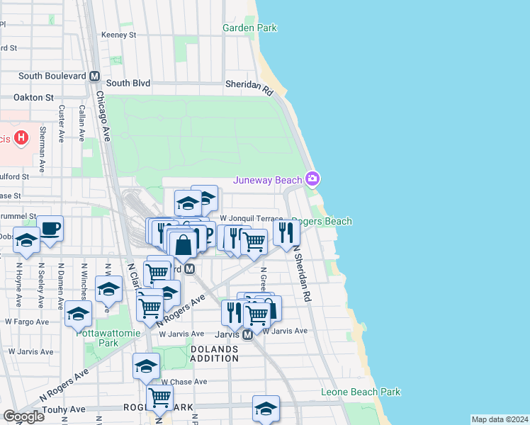 map of restaurants, bars, coffee shops, grocery stores, and more near 1421 West Jonquil Terrace in Chicago