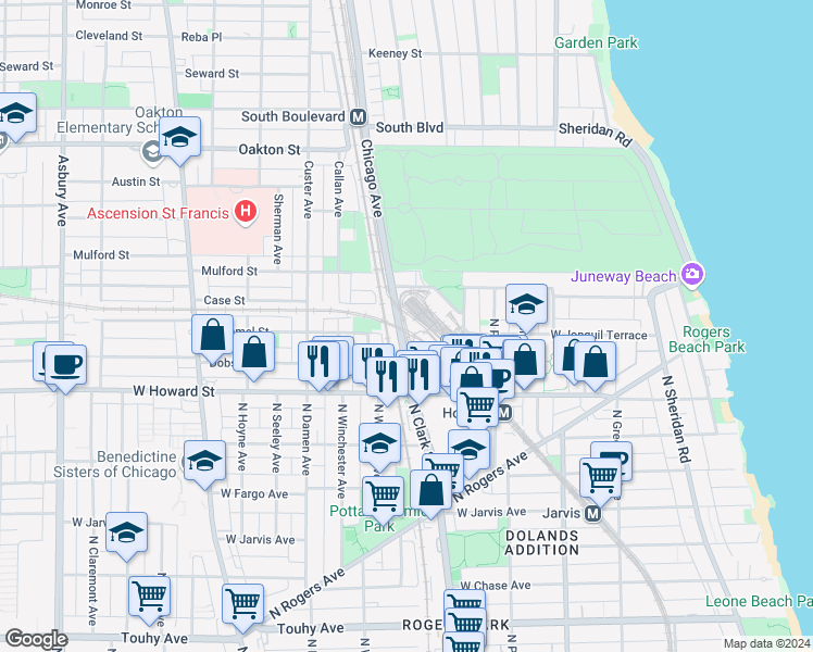 map of restaurants, bars, coffee shops, grocery stores, and more near 140 Chicago Avenue in Evanston