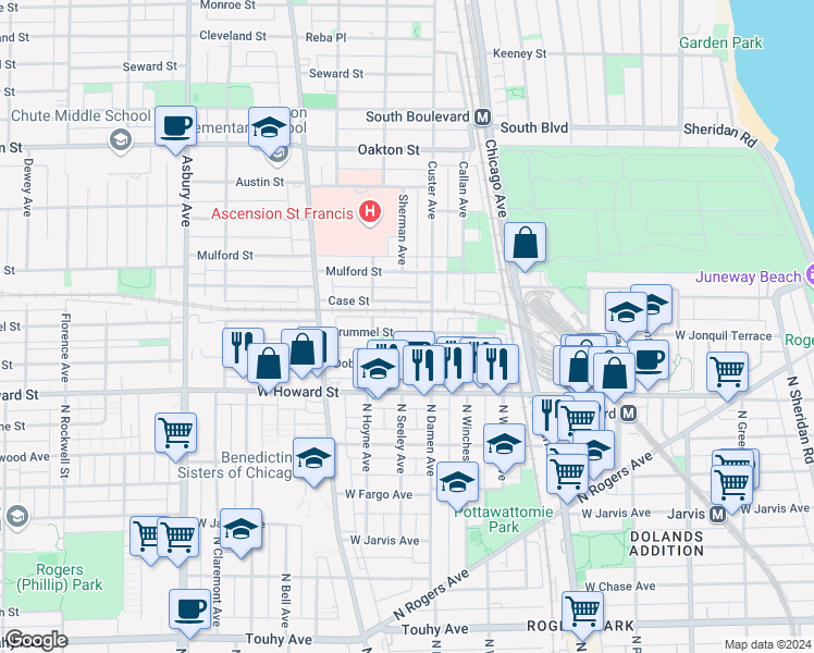 map of restaurants, bars, coffee shops, grocery stores, and more near 712 Brummel Street in Evanston