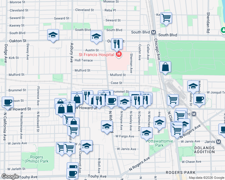 map of restaurants, bars, coffee shops, grocery stores, and more near 824 Brummel Street in Evanston