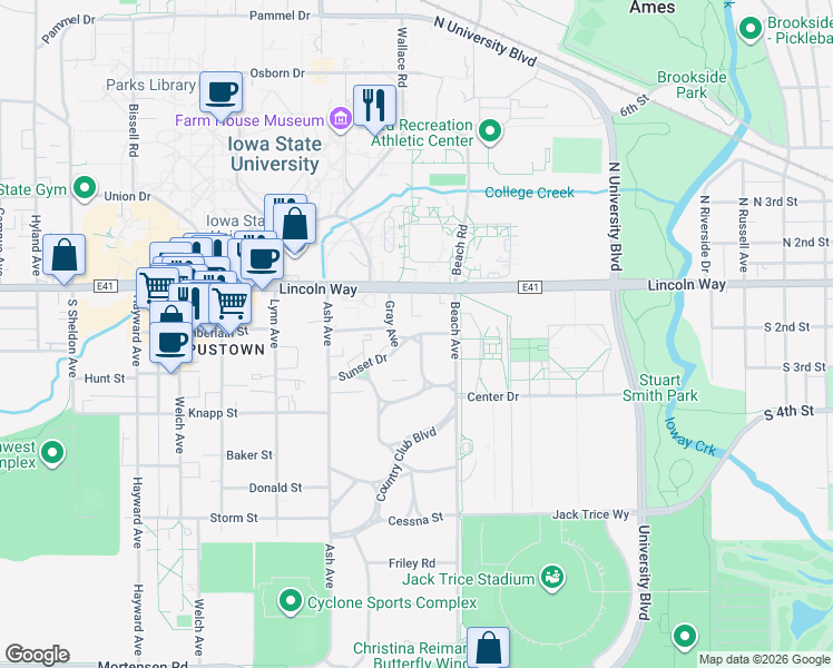 map of restaurants, bars, coffee shops, grocery stores, and more near 205 Beach Avenue in Ames