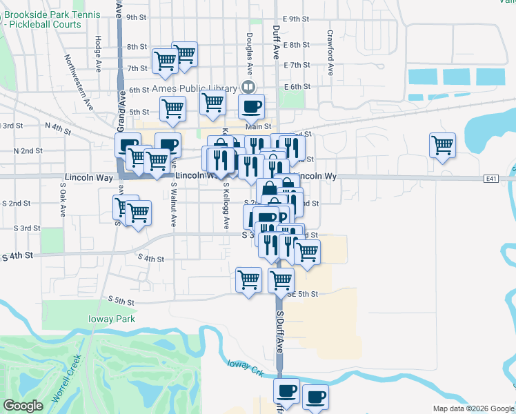 map of restaurants, bars, coffee shops, grocery stores, and more near 210 South Sherman Avenue in Ames