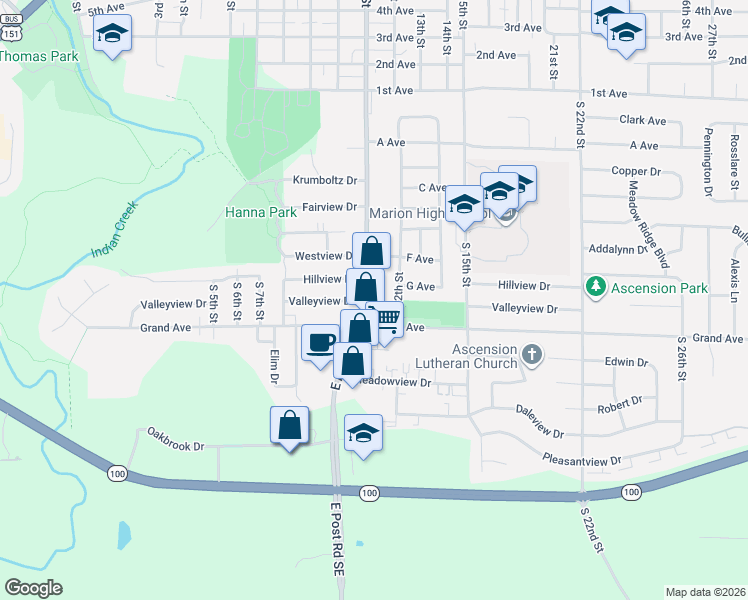 map of restaurants, bars, coffee shops, grocery stores, and more near 901 South 11th Street in Marion