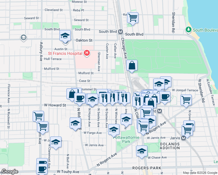 map of restaurants, bars, coffee shops, grocery stores, and more near 205 Custer Avenue in Evanston