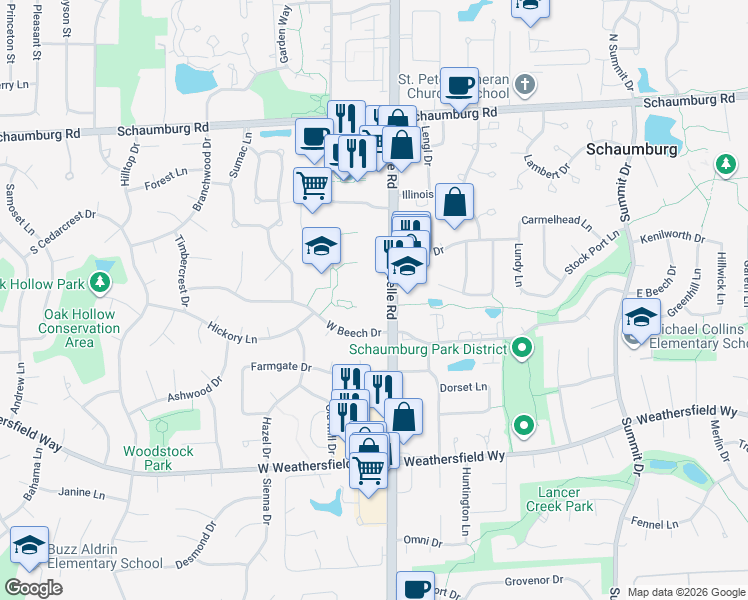 map of restaurants, bars, coffee shops, grocery stores, and more near 300 South Roselle Road in Schaumburg