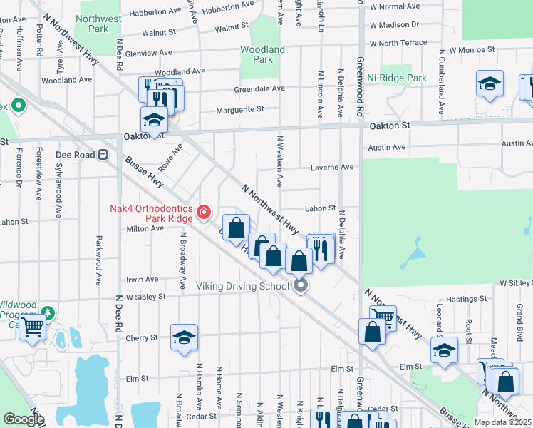 map of restaurants, bars, coffee shops, grocery stores, and more near 776 North Northwest Highway in Park Ridge