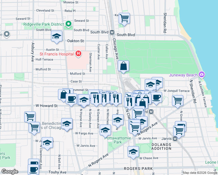 map of restaurants, bars, coffee shops, grocery stores, and more near 148 Callan Avenue in Evanston