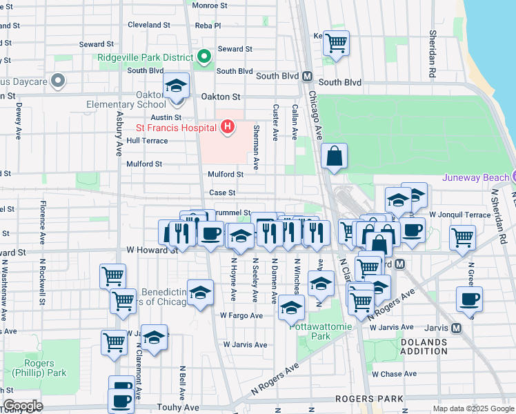 map of restaurants, bars, coffee shops, grocery stores, and more near 712 Brummel Street in Evanston