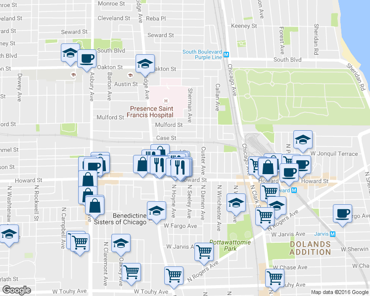map of restaurants, bars, coffee shops, grocery stores, and more near 144 Elmwood Avenue in Evanston