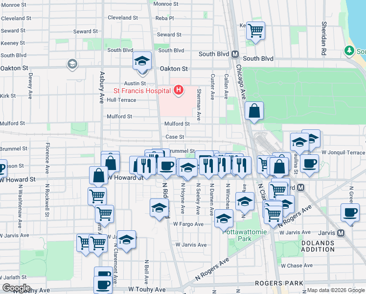 map of restaurants, bars, coffee shops, grocery stores, and more near 144 Elmwood Avenue in Evanston