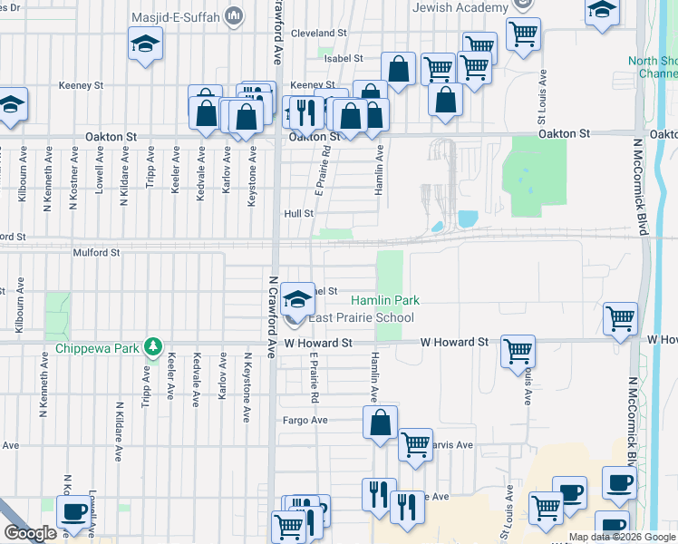 map of restaurants, bars, coffee shops, grocery stores, and more near 3860 Brummel Street in Skokie