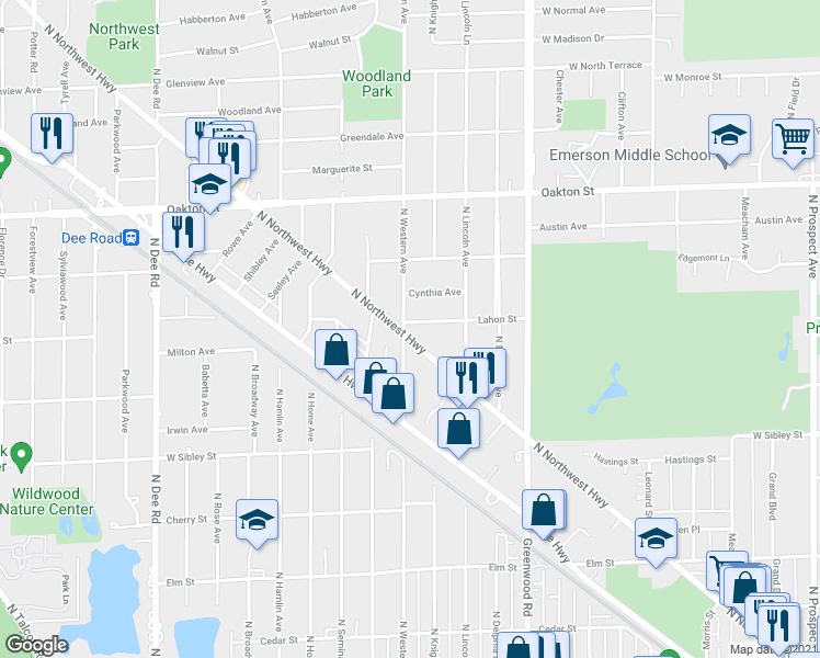 map of restaurants, bars, coffee shops, grocery stores, and more near 766 North Northwest Highway in Park Ridge