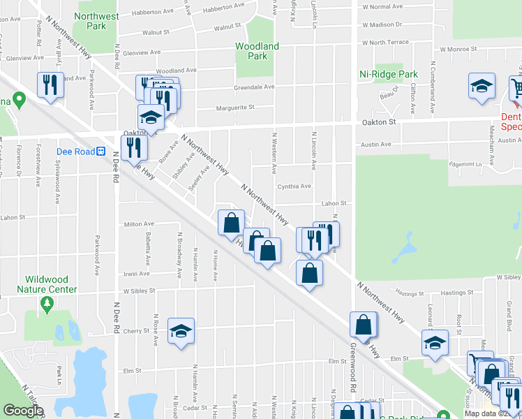 map of restaurants, bars, coffee shops, grocery stores, and more near 766 North Northwest Highway in Park Ridge