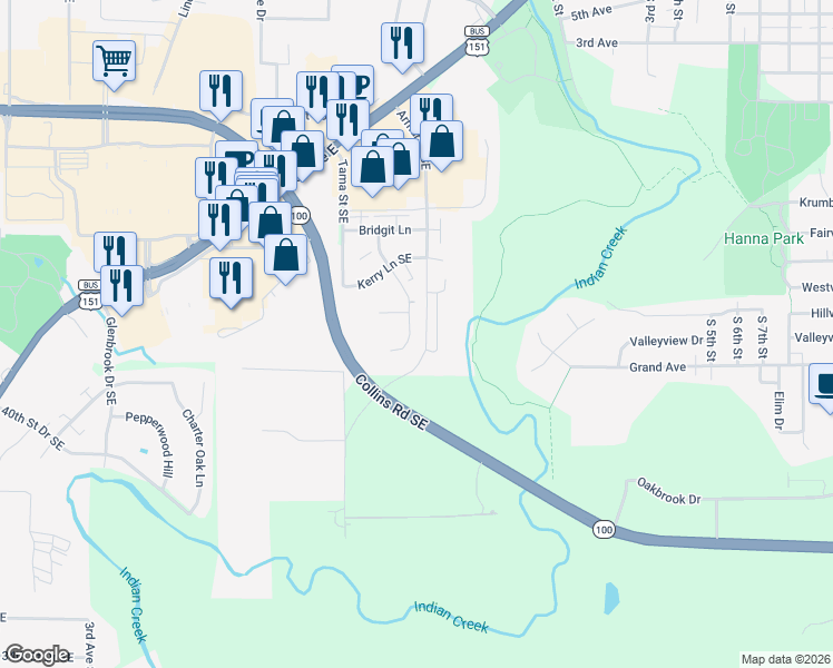 map of restaurants, bars, coffee shops, grocery stores, and more near 4200 Armar Drive Southeast in Cedar Rapids