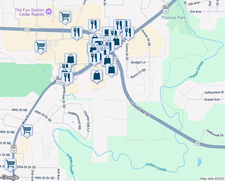 map of restaurants, bars, coffee shops, grocery stores, and more near 325 Collins Road Southeast in Cedar Rapids
