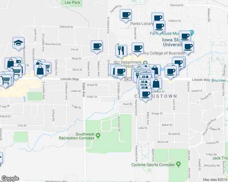 map of restaurants, bars, coffee shops, grocery stores, and more near 212 South Hyland Avenue in Ames
