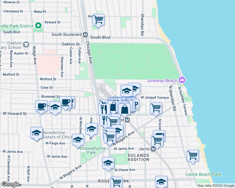 map of restaurants, bars, coffee shops, grocery stores, and more near 1705 West Jonquil Terrace in Chicago