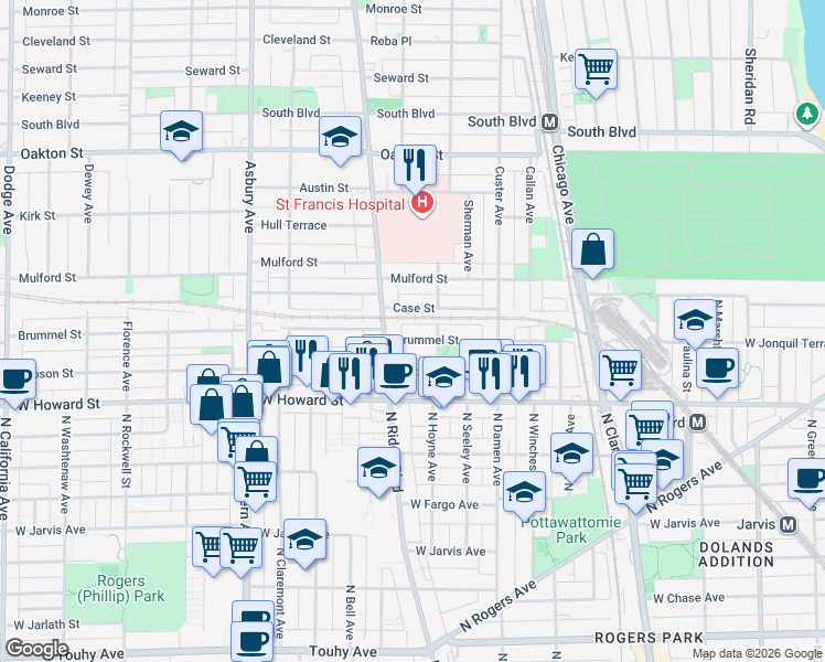 map of restaurants, bars, coffee shops, grocery stores, and more near 824 Brummel Street in Evanston