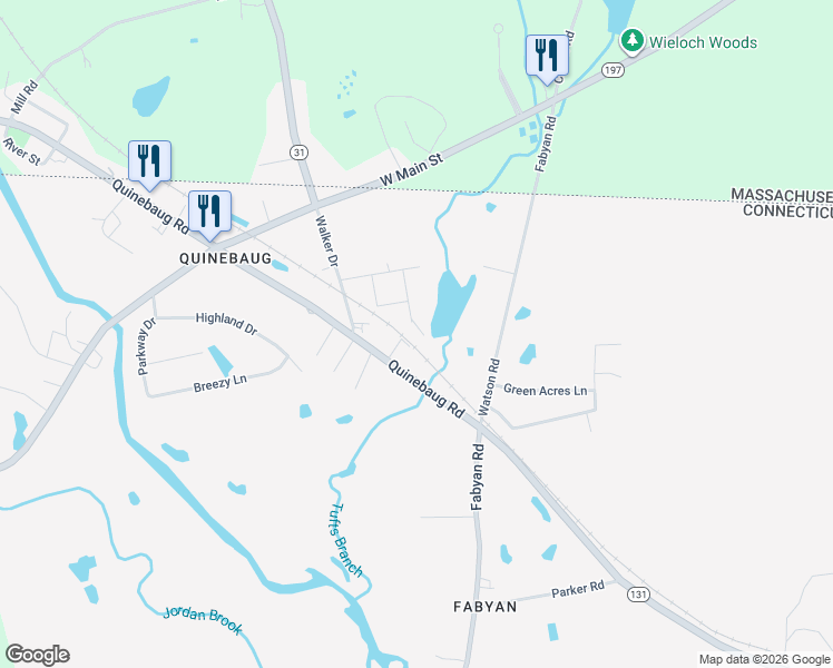 map of restaurants, bars, coffee shops, grocery stores, and more near 645 Quinebaug Road in Thompson