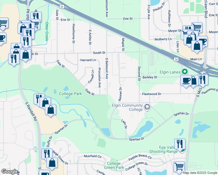 map of restaurants, bars, coffee shops, grocery stores, and more near 451 South Belmont Avenue in Elgin