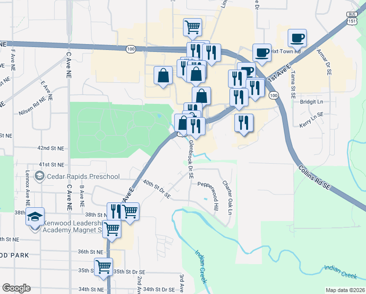 map of restaurants, bars, coffee shops, grocery stores, and more near 4311 1st Avenue Southeast in Cedar Rapids