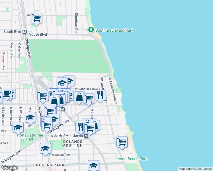 map of restaurants, bars, coffee shops, grocery stores, and more near 7657 North Sheridan Road in Chicago