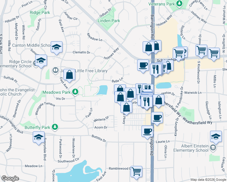 map of restaurants, bars, coffee shops, grocery stores, and more near 298 Hawk Court in Schaumburg